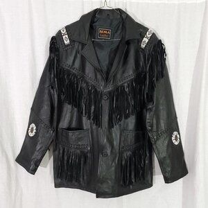 SEMA Leathers Brand Vintage Black Leather Fringe Embellished Western Jacket L